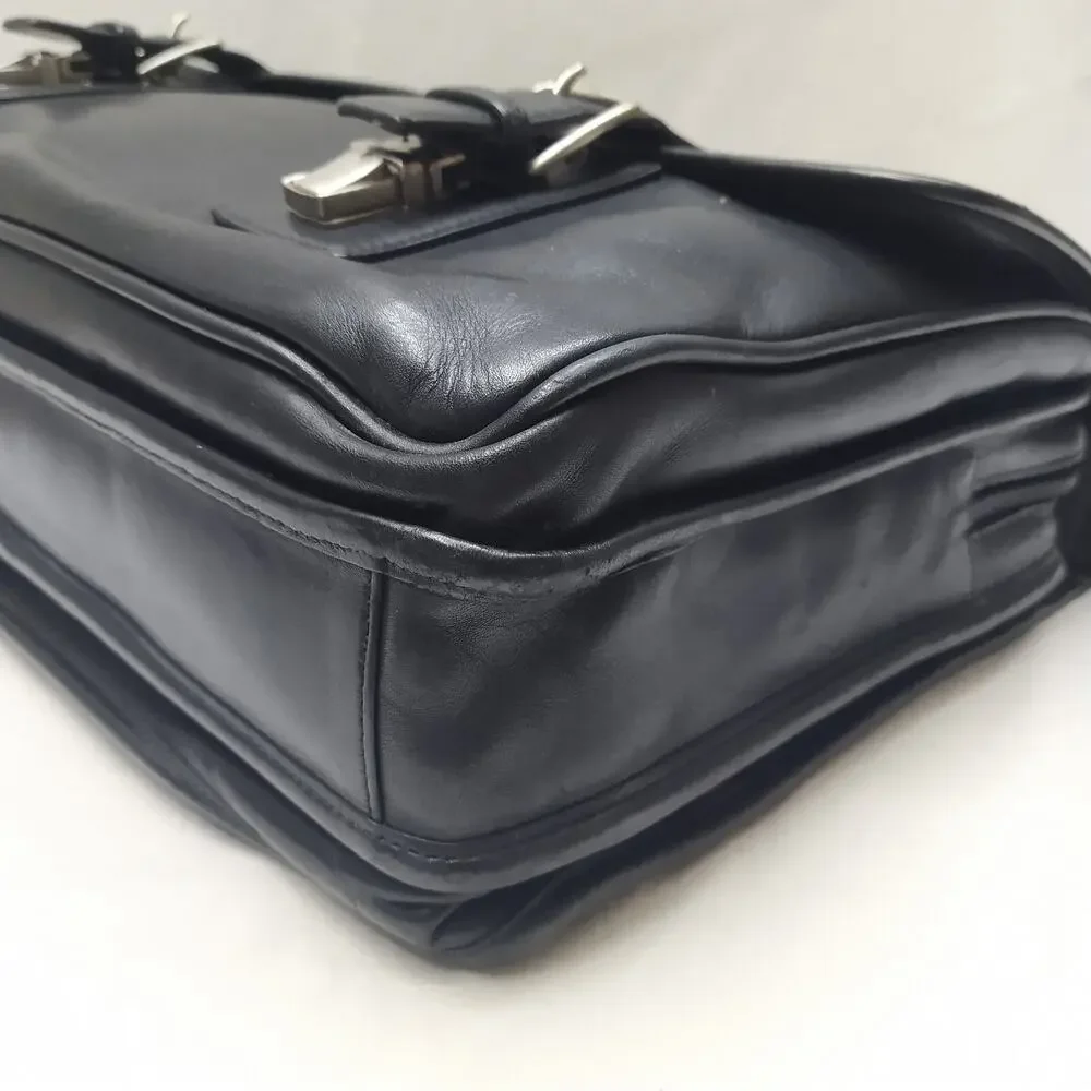 Coach Black Leather Double Pushlock Briefcase Laptop Business Crossbody Bag